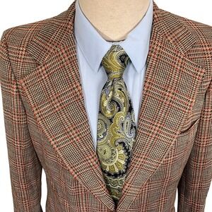 Vintage 70s Curlee Blazer Mens 38R Tan Orange Green Houndstooth Plaid Classic